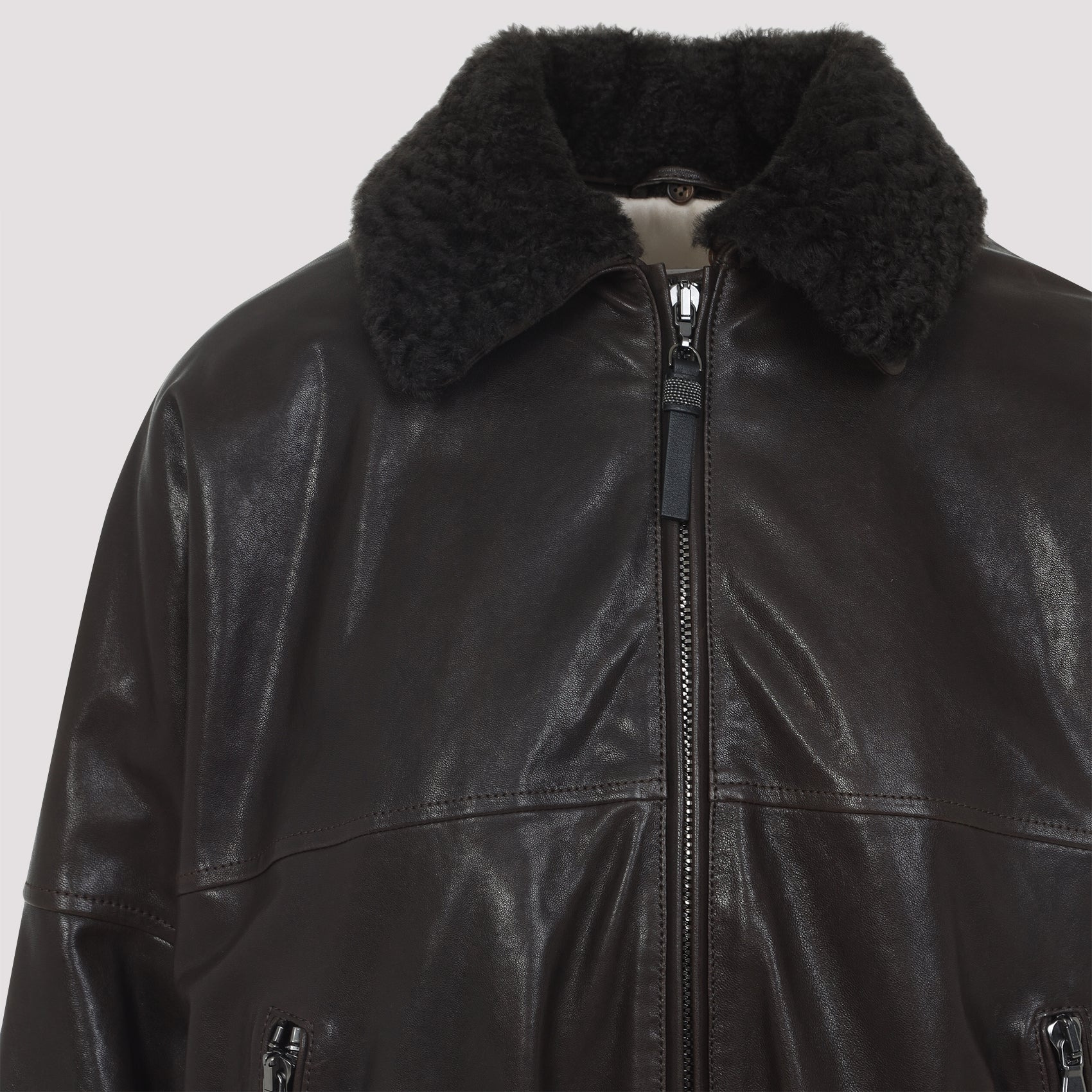 Brunello Cucinelli Shearling Collar Leather Jacket Women - 4