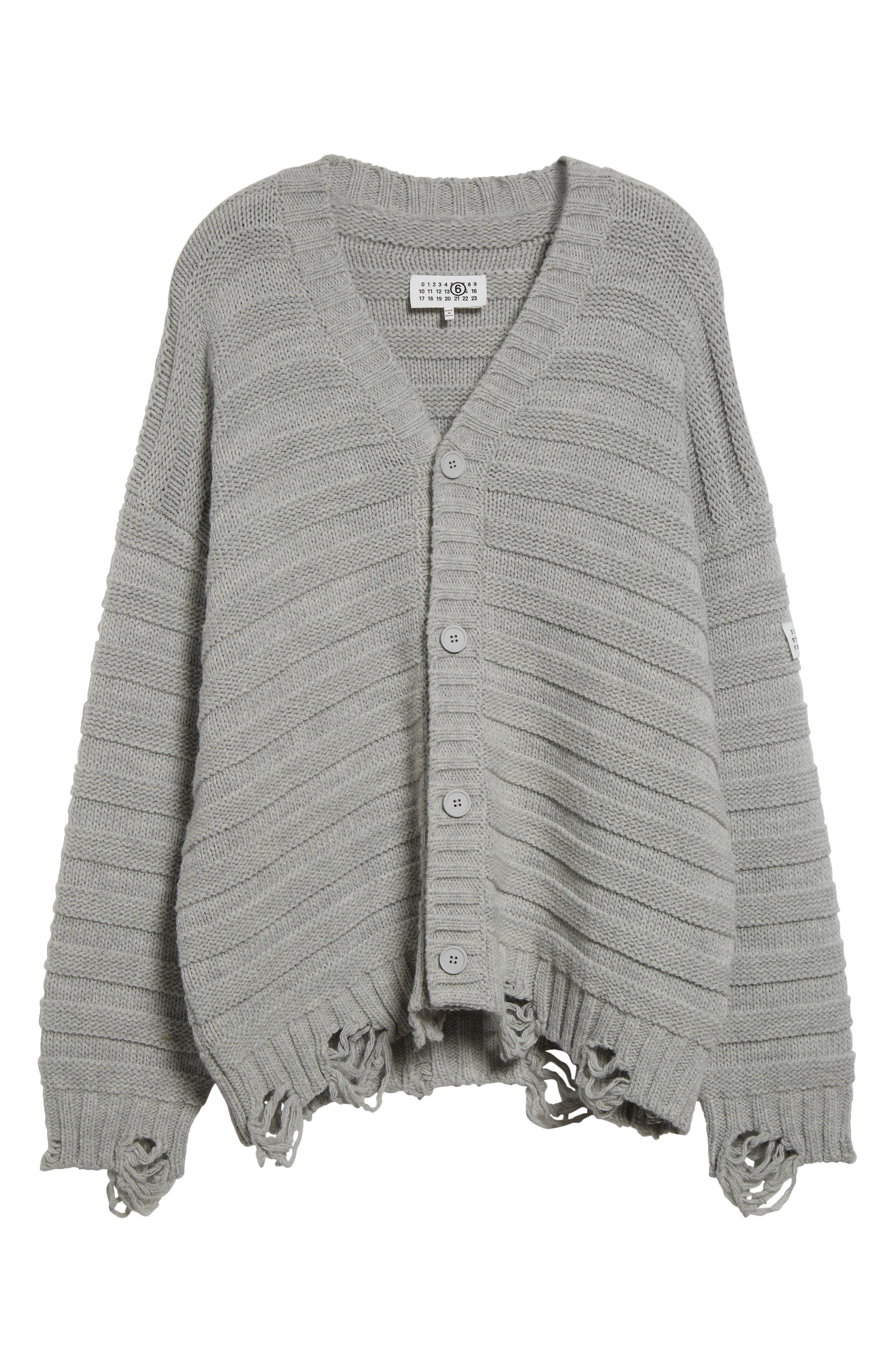 MM6 Maison Margiela Distressed Virgin Wool Blend V-Neck Cardigan in Light Grey Melange at Nordstrom - 6