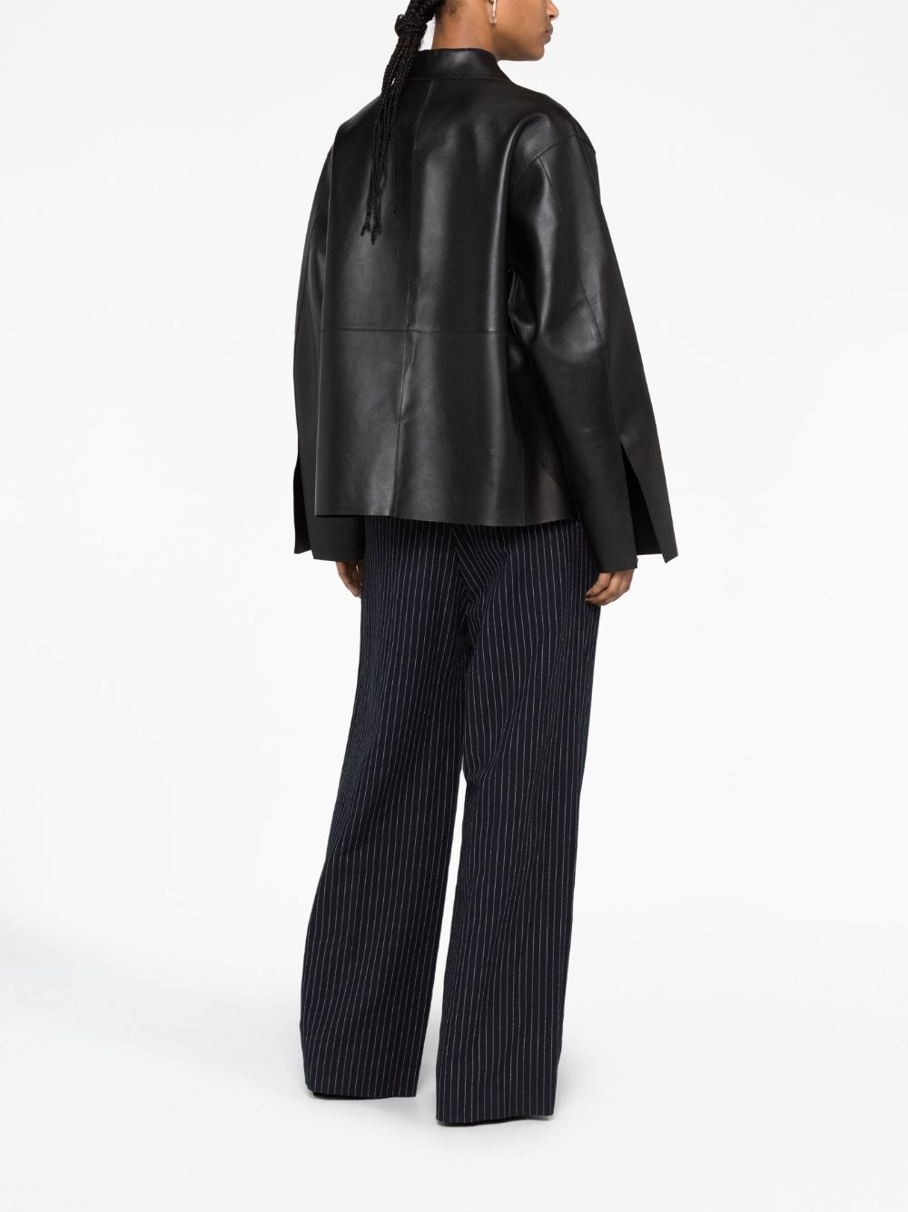 zipped wide-sleeve leather jacket - 6