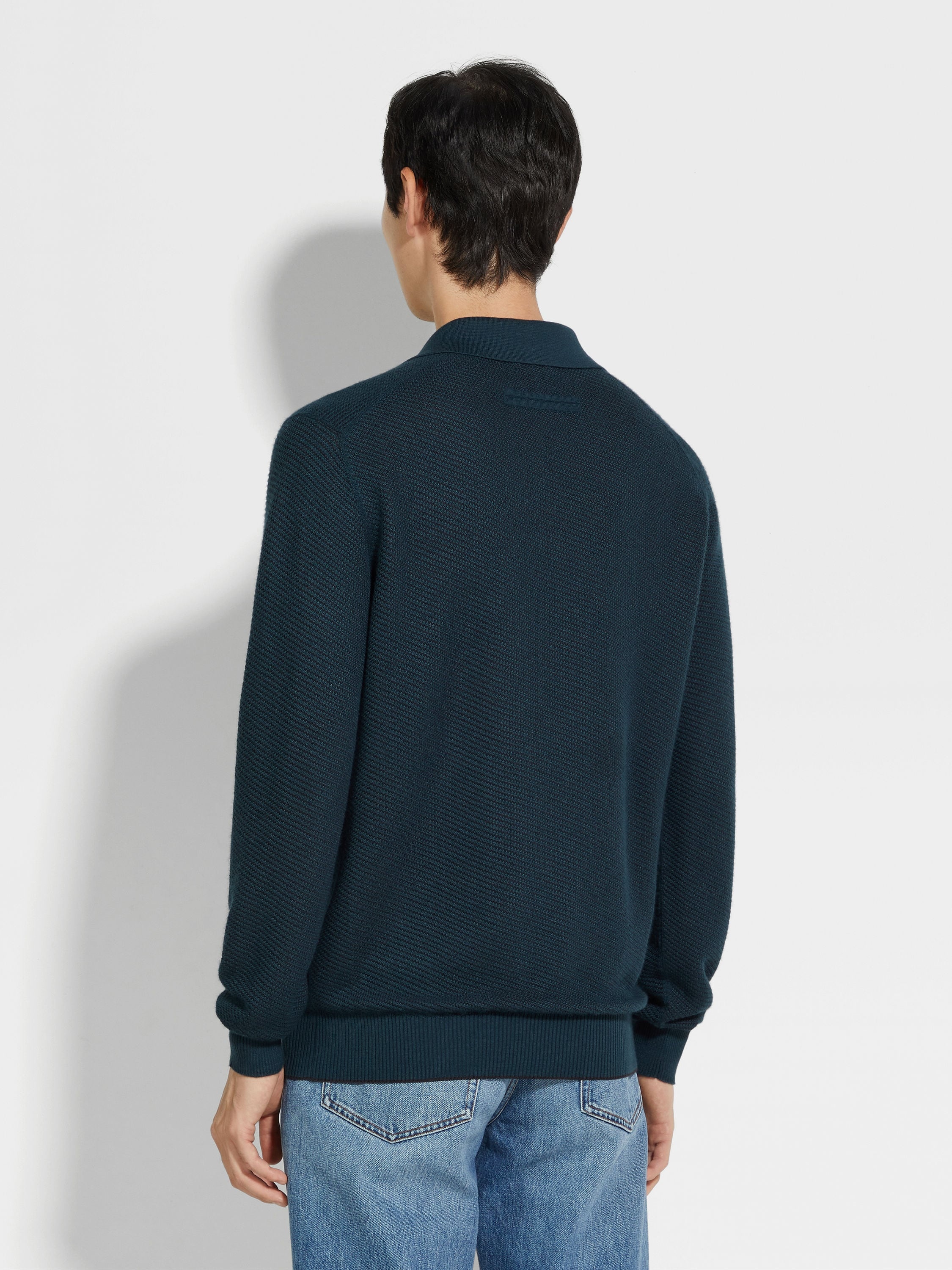 DARK TEAL BLUE SILK AND CASHMERE POLO SHIRT - 5