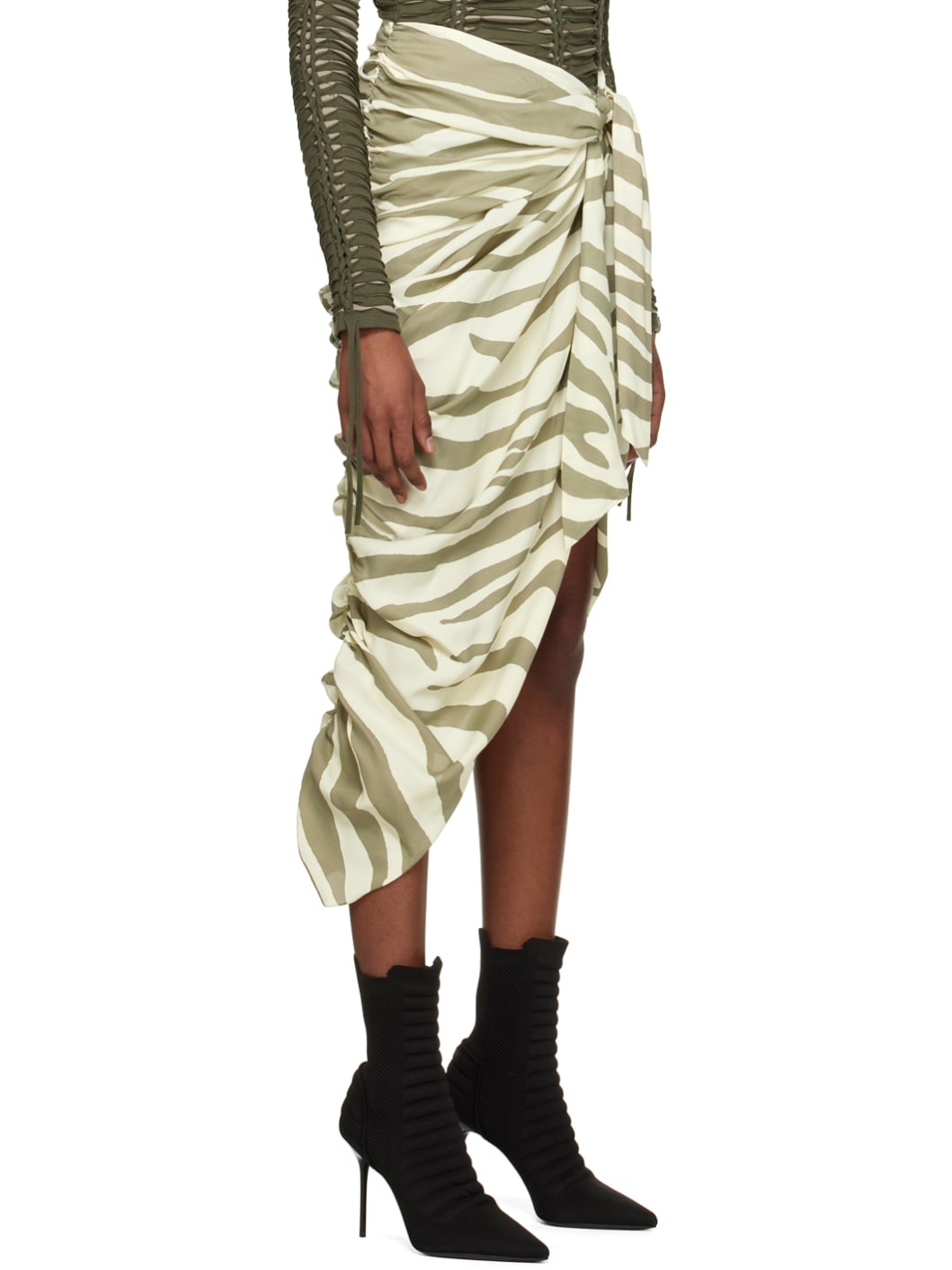Beige & Khaki Zebra Print Midi Skirt - 2