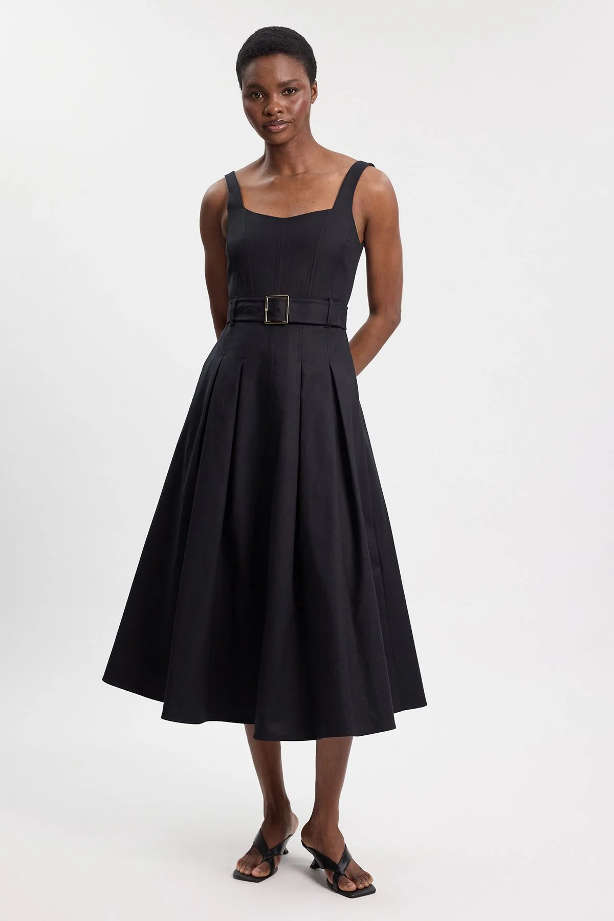 Petite Premium Cotton Tailored Fabric Belted Buckle Midi Dress - 1