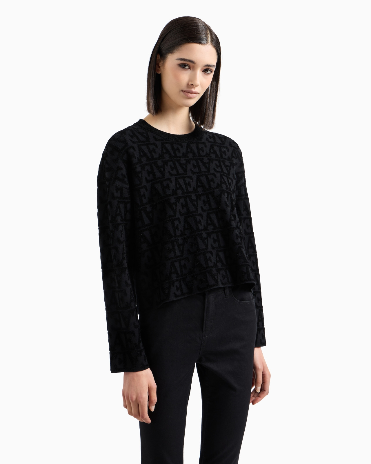 Viscose jumper with all-over flocked-effect jacquard EA logo - 2