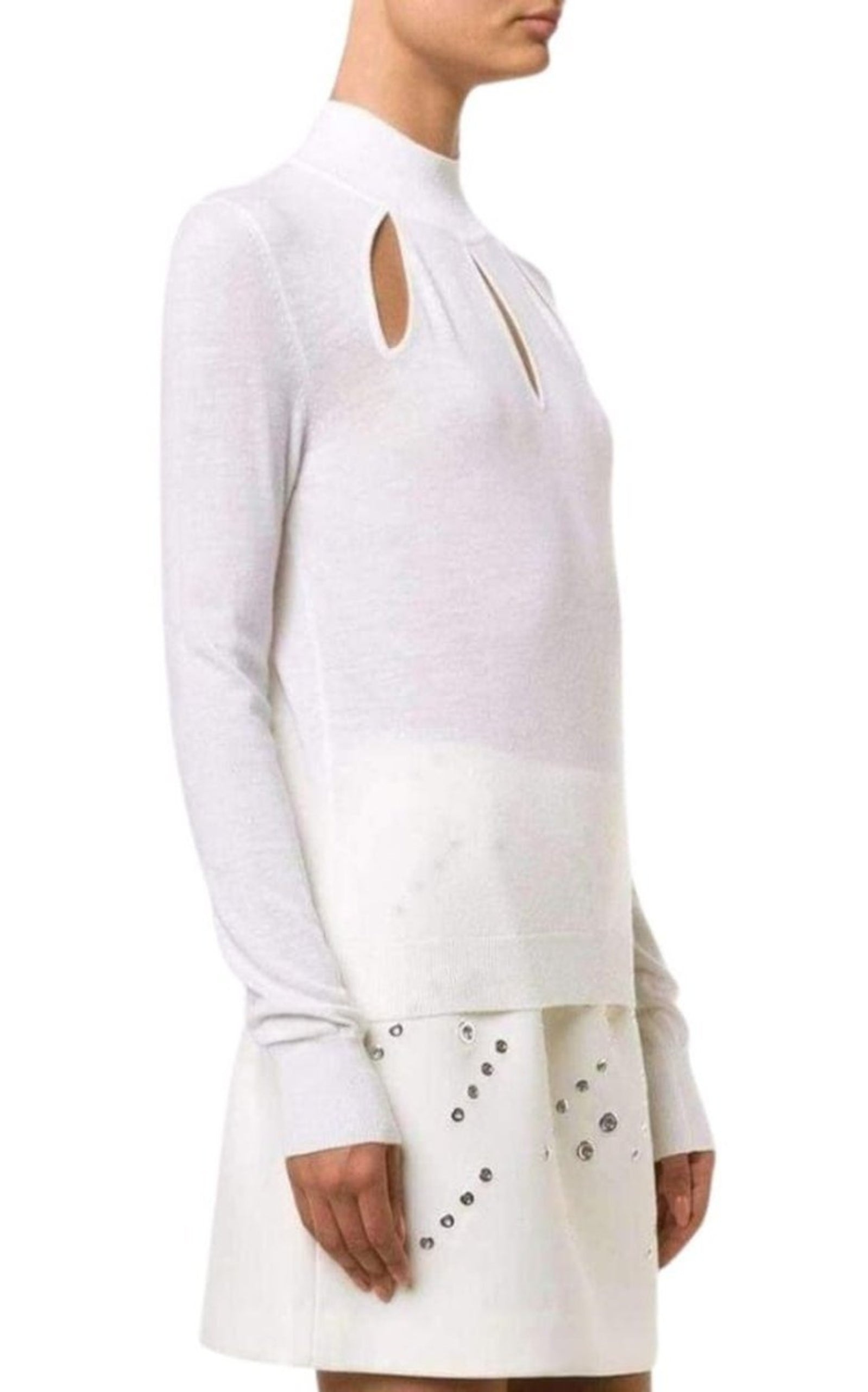 White Extra Fine Wool Cutout Detail Sweater - 3