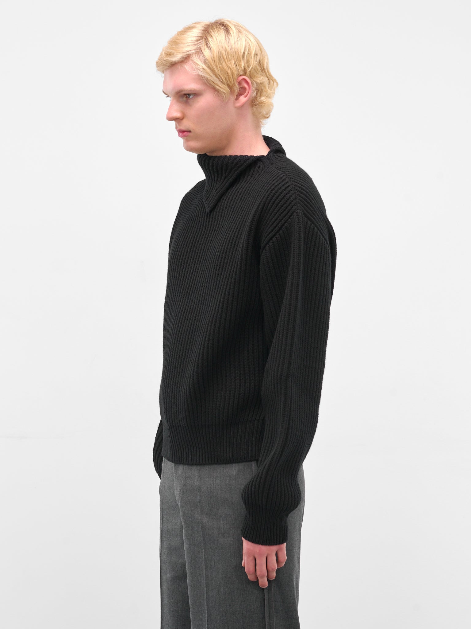 Black Turtleneck Collar Rib-Knit Sweater - 2