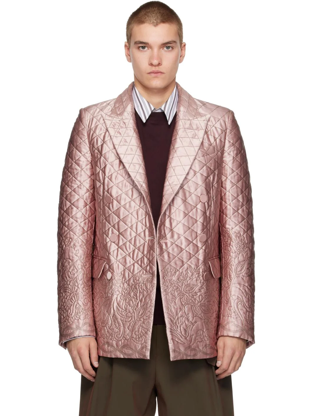 SSENSE Exclusive Pink Quilted Silk Blazer - 1