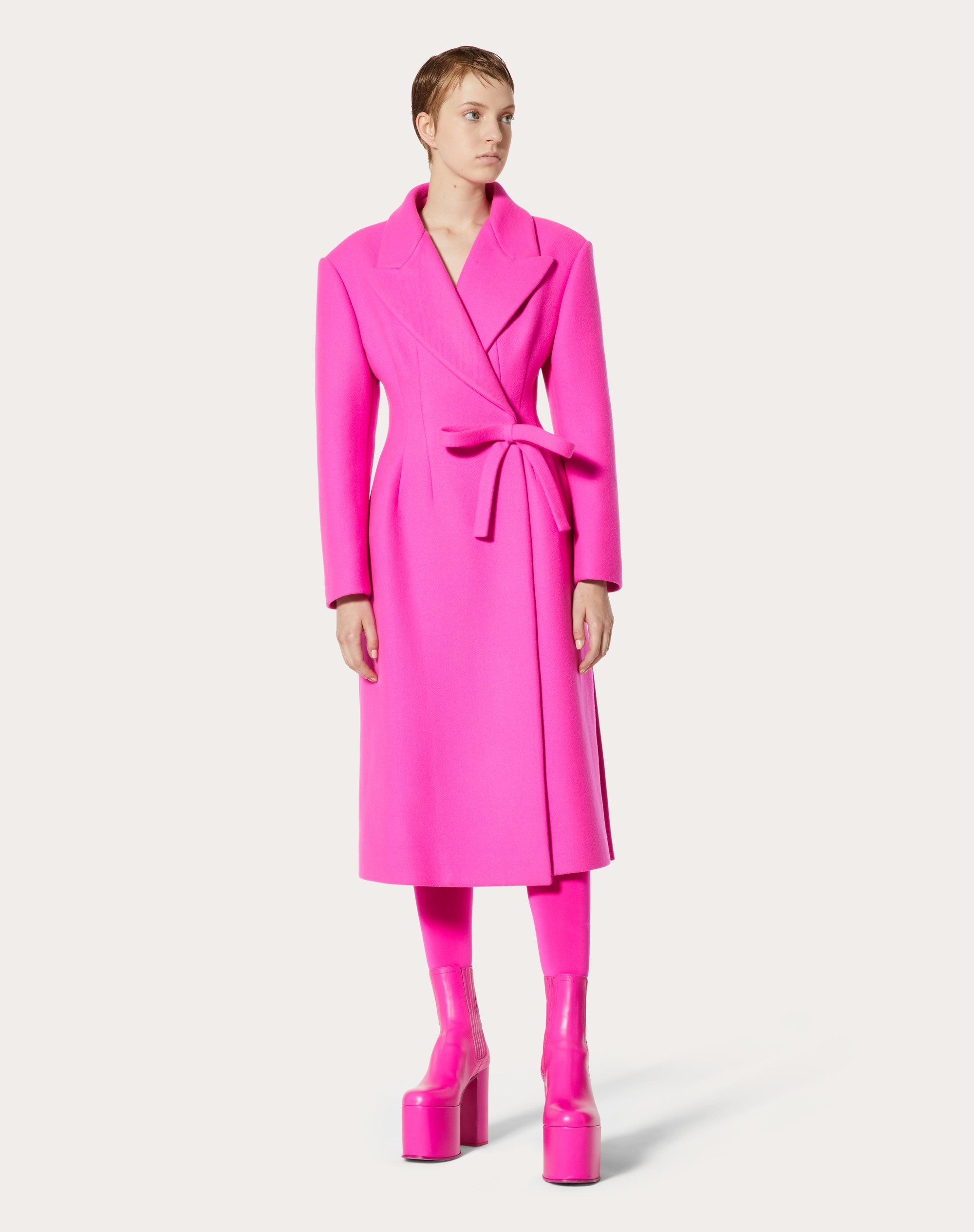 DIAGONAL DOUBLE WOOL LONG COAT WITH BOW DETAIL - 3