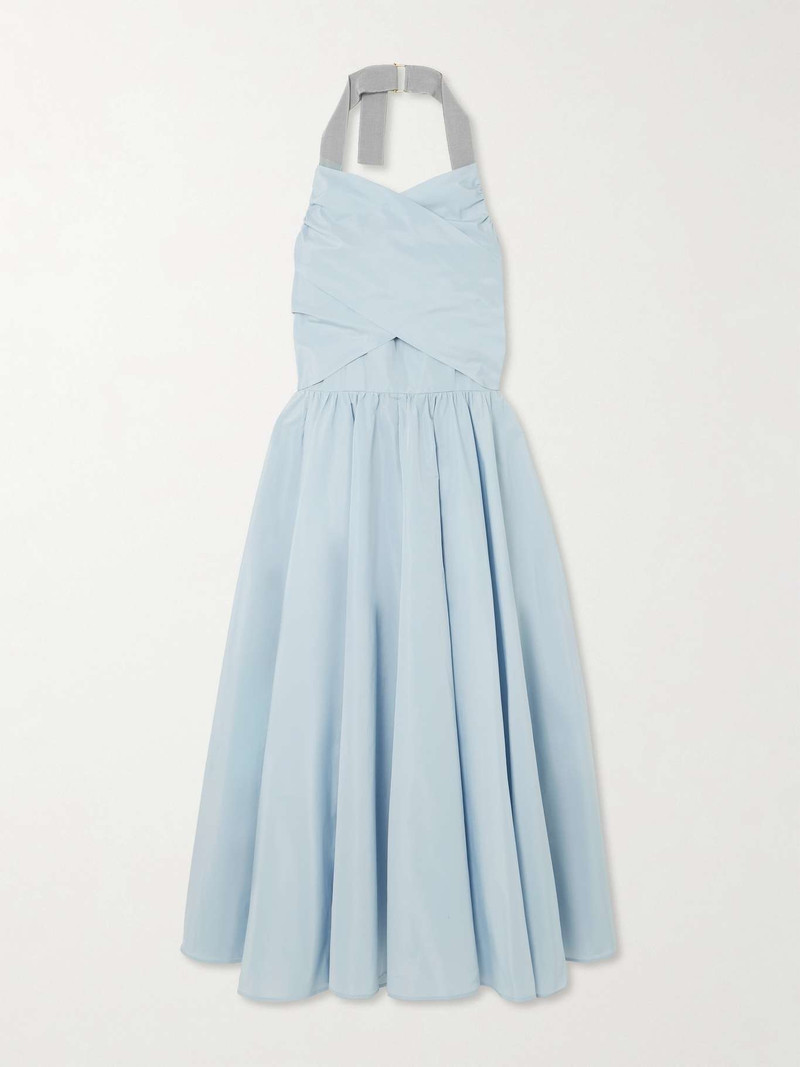 Pleated poplin halterneck midi dress Light blue 1