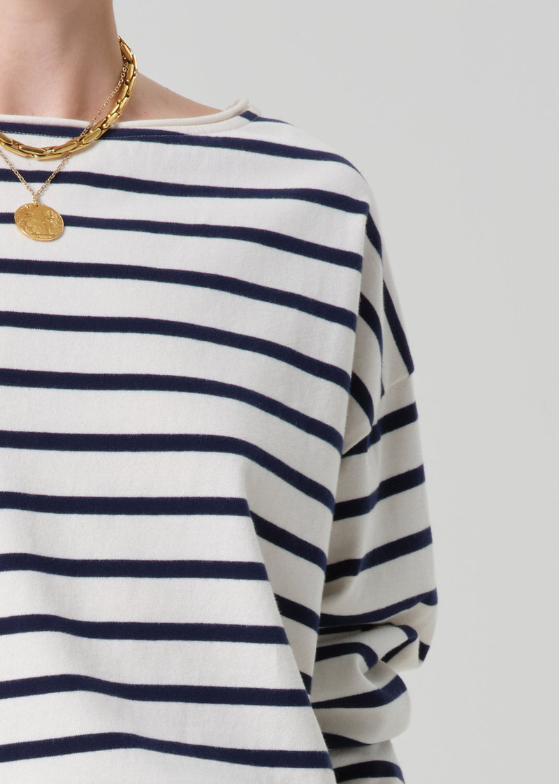 Boat Neck Long Sleeve Tee In Marine Stripe 5