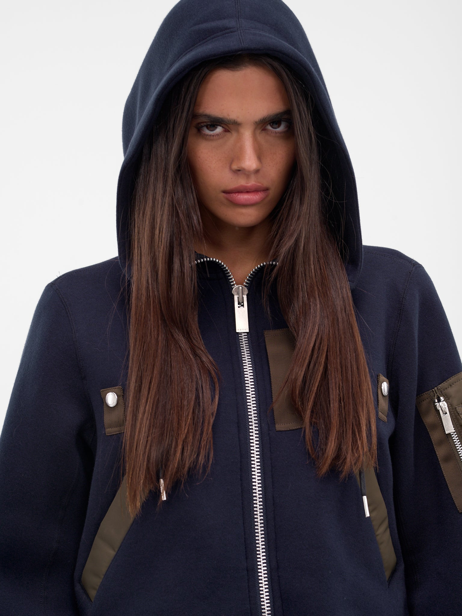Navy Mixed-Material Zip Hoodie - 4