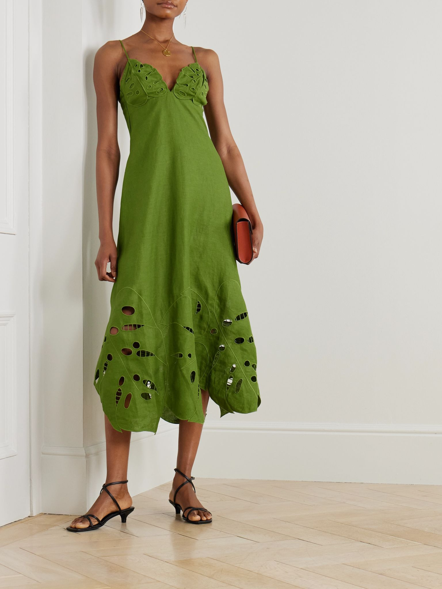 Appliquéd broderie anglaise linen midi dress Green - 2