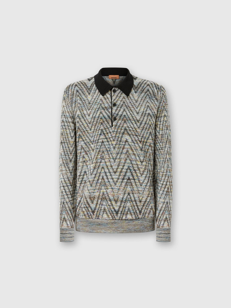 Long-sleeved polo shirt in slub pattern wool 1