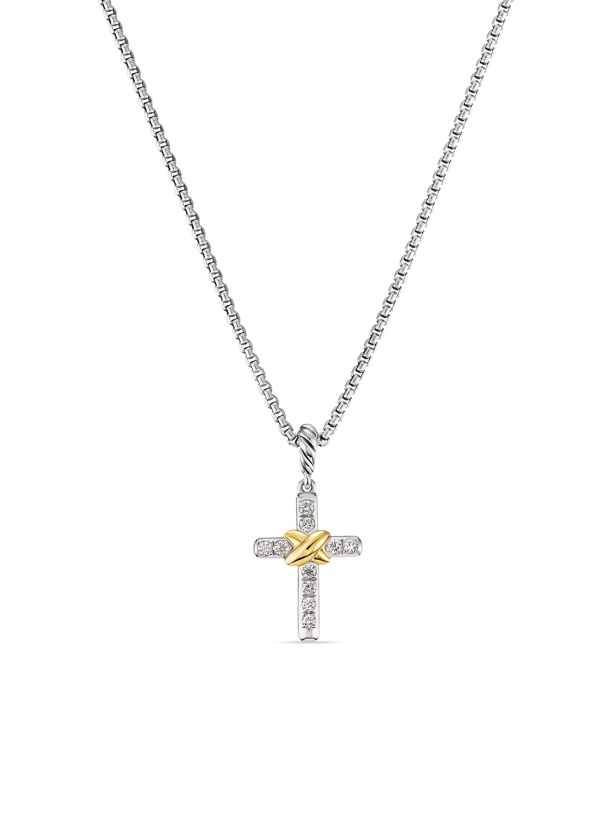 Women's Petite Cross Necklace in Sterling Silver with 18K Yellow Gold with Diamonds, 20.8mm - Diamon - 1