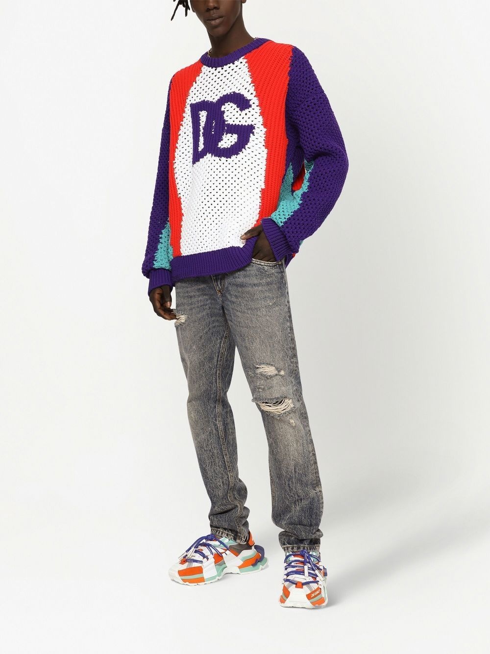 colour-block perforated knit jumper - 3