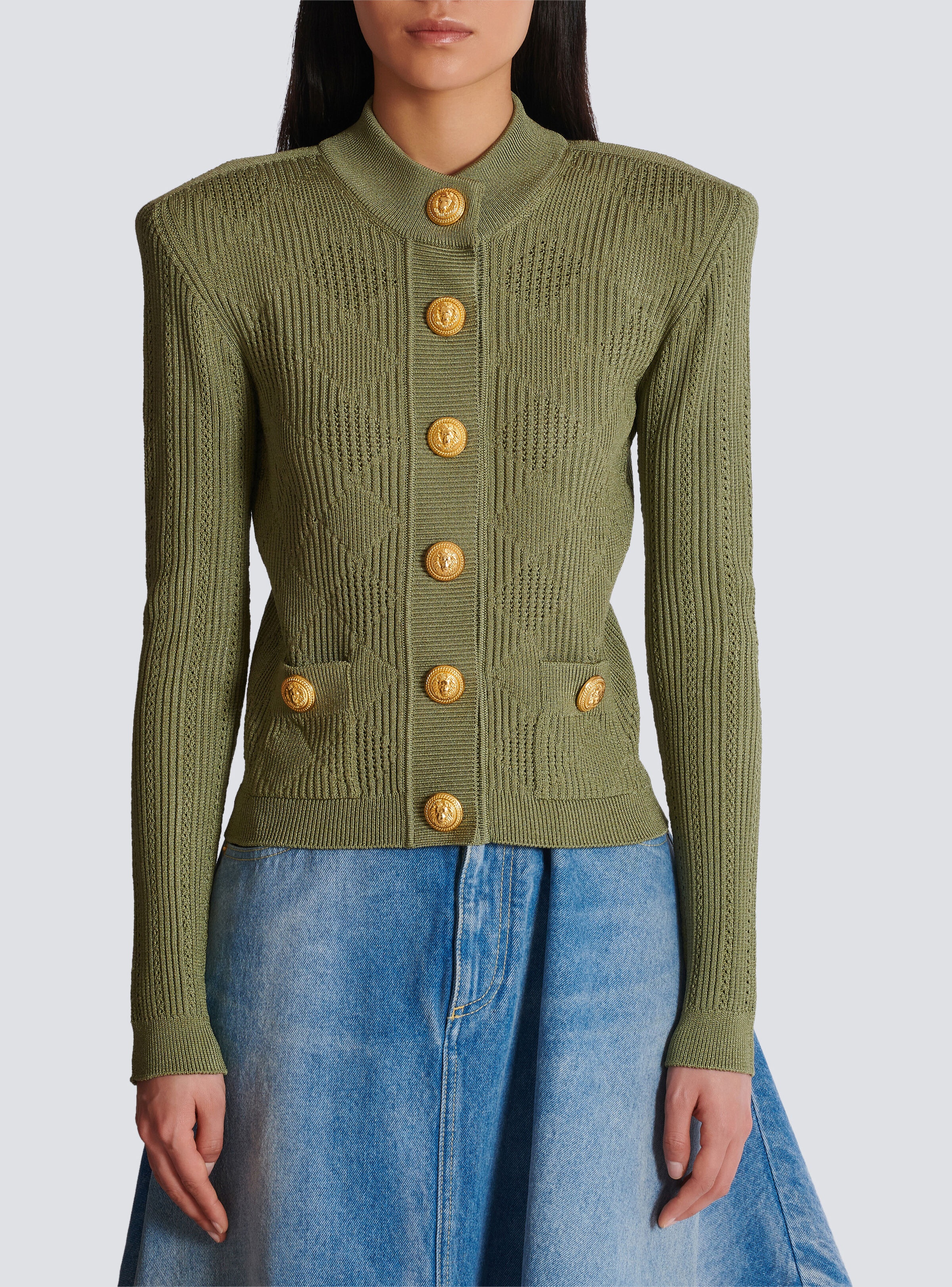 Gingham openwork knit cardigan - 5