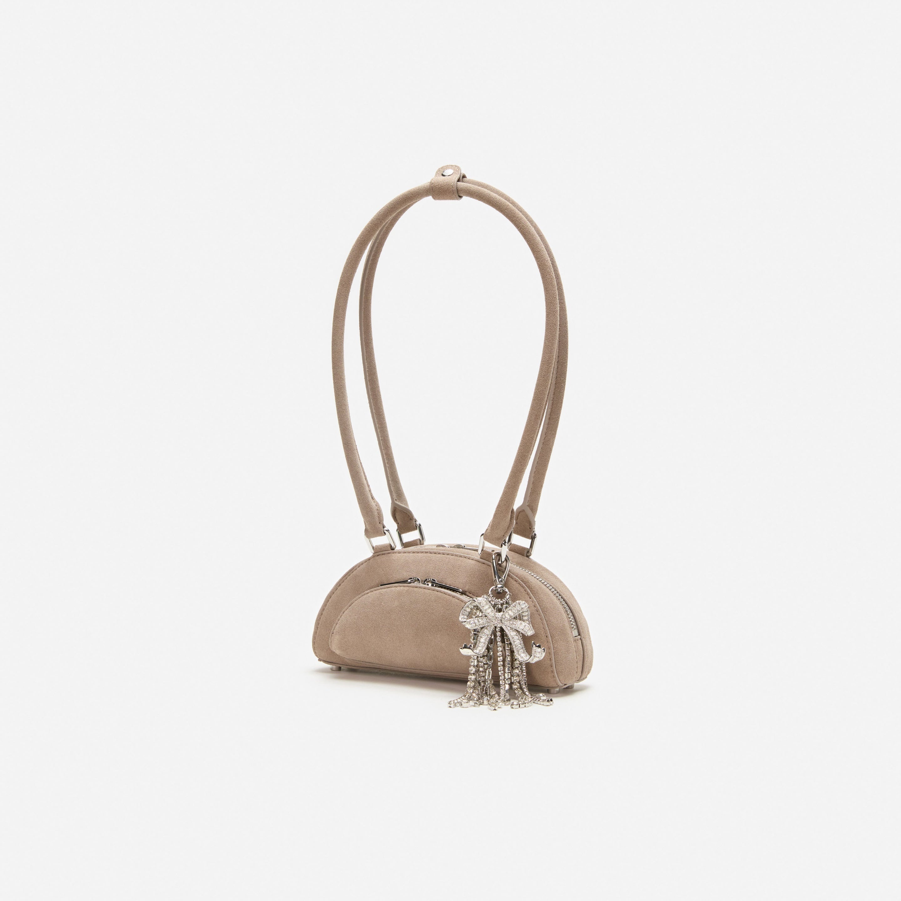 Grey Suede Mini Shoulder Bag With Charm - 2