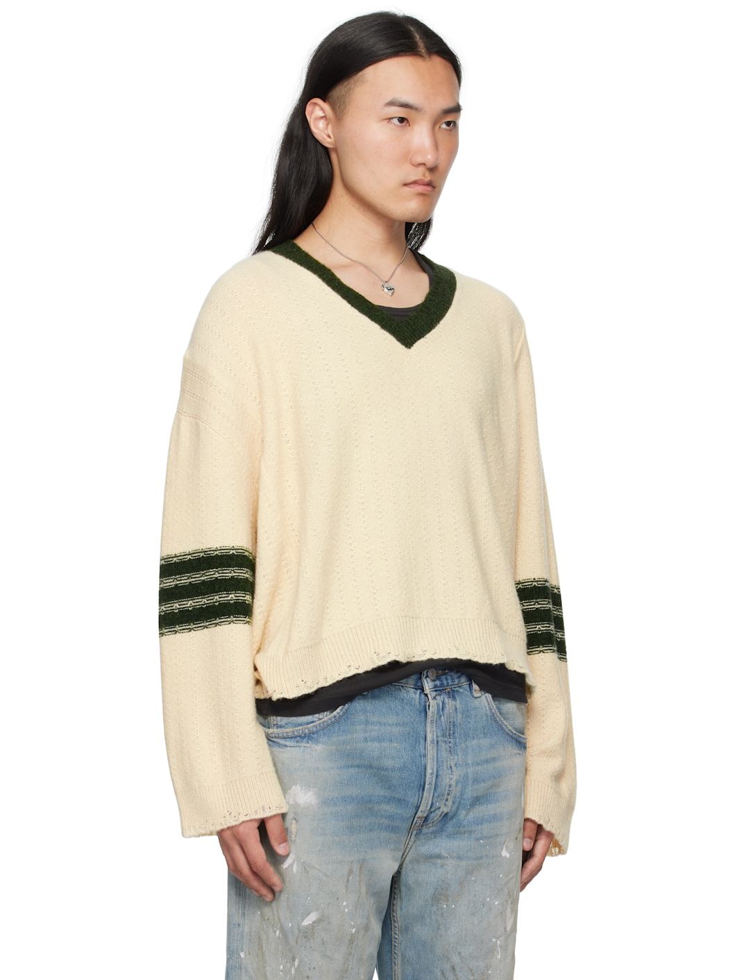 Off-White Asymmetrical Varsity V-Neck Sweater - 2