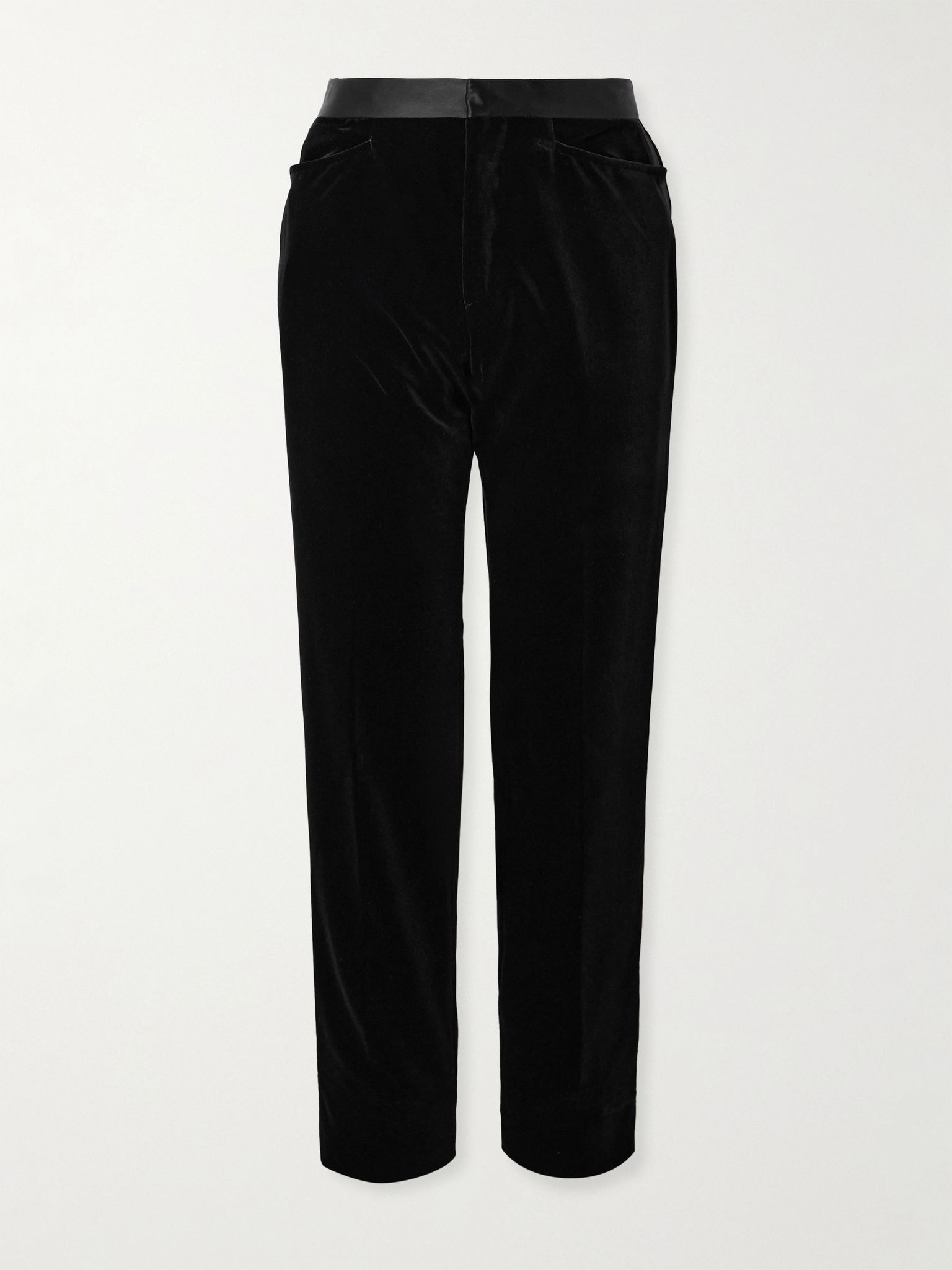 Atticus Straight-Leg Satin-Trimmed Cotton-Velvet Tuxedo Trousers Black - 1