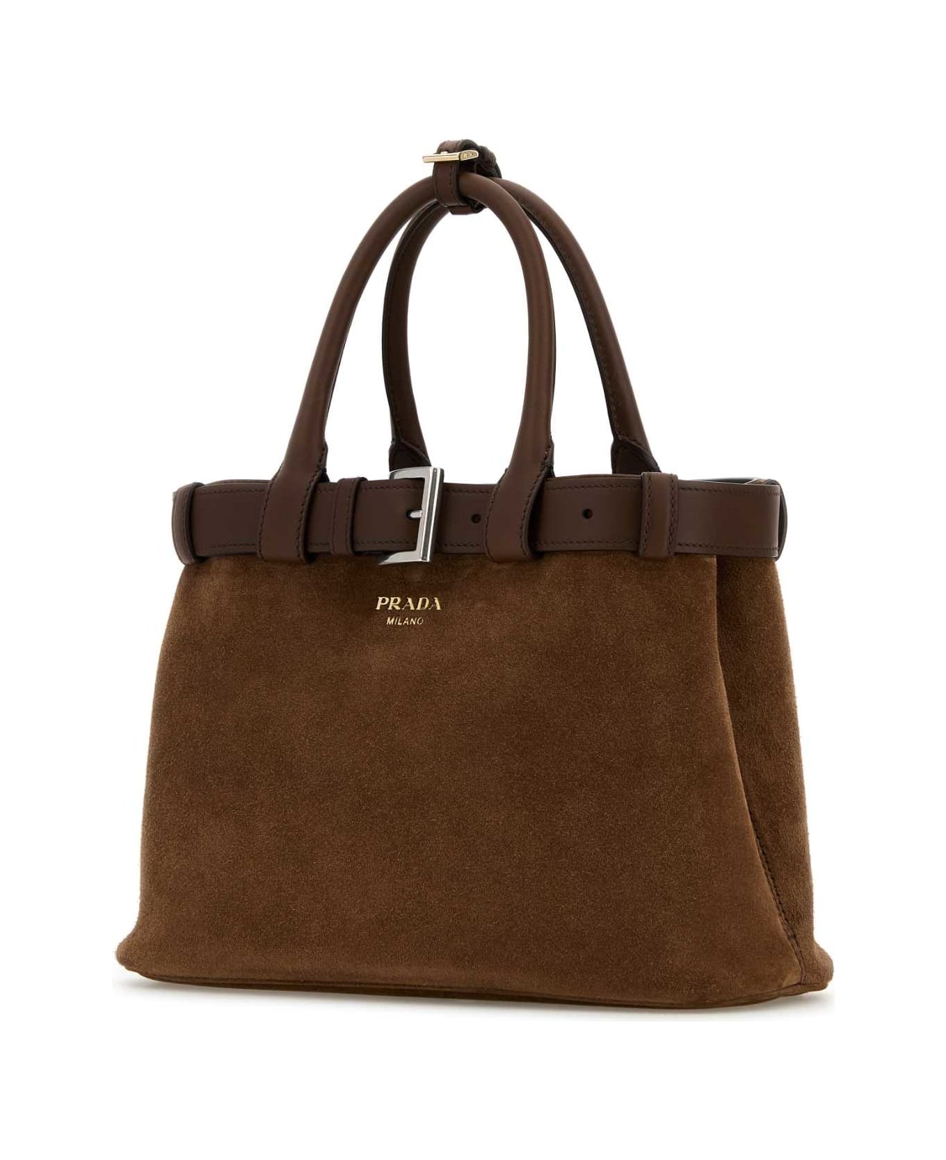 Brown Suede Prada Buckle Medium Handbag - 2