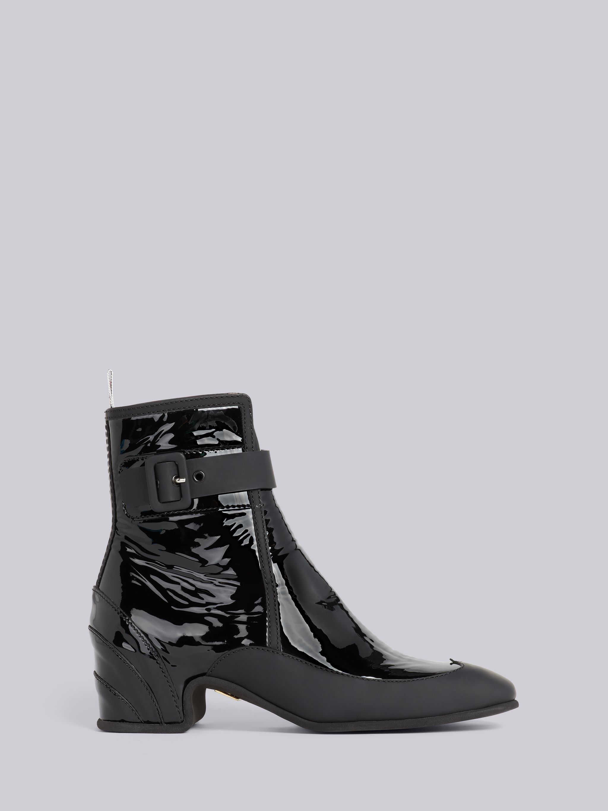 Black Soft Patent Leather 40mm Block Heel Galosh Ankle Boot - 1