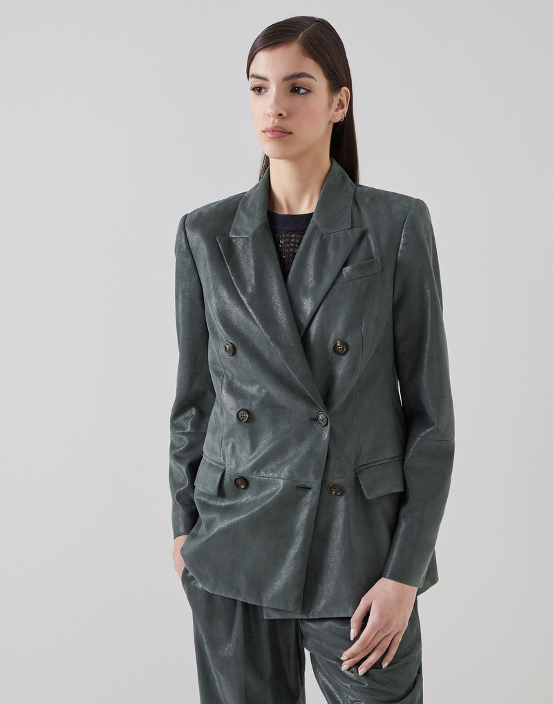 Wet-effect suede blazer with monili - 1