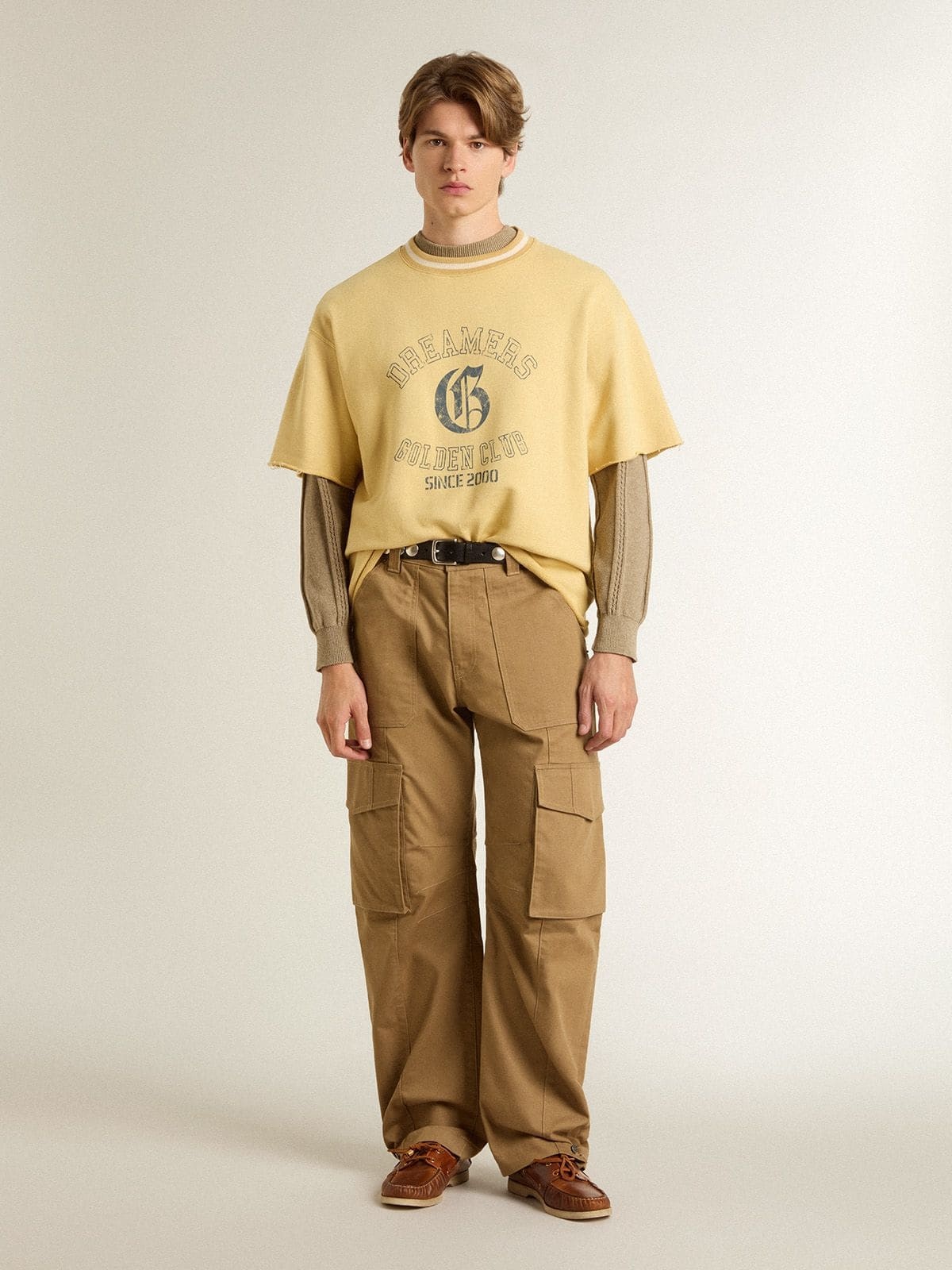 Men's oversized yellow cotton T-shirt with blue print - 3