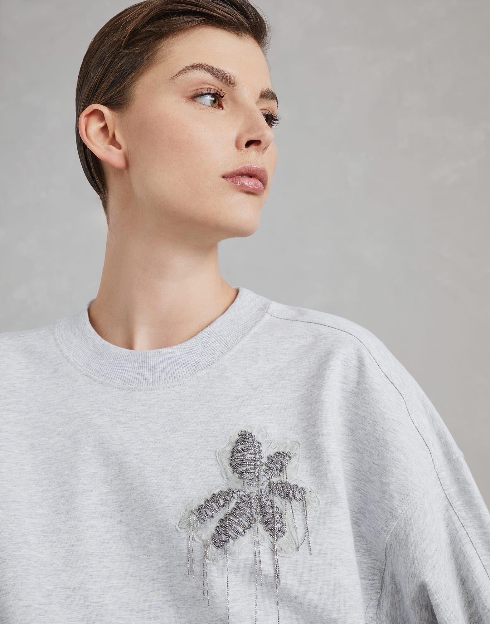 Stretch cotton lightweight French terry sweatshirt with precious flower crest - 3