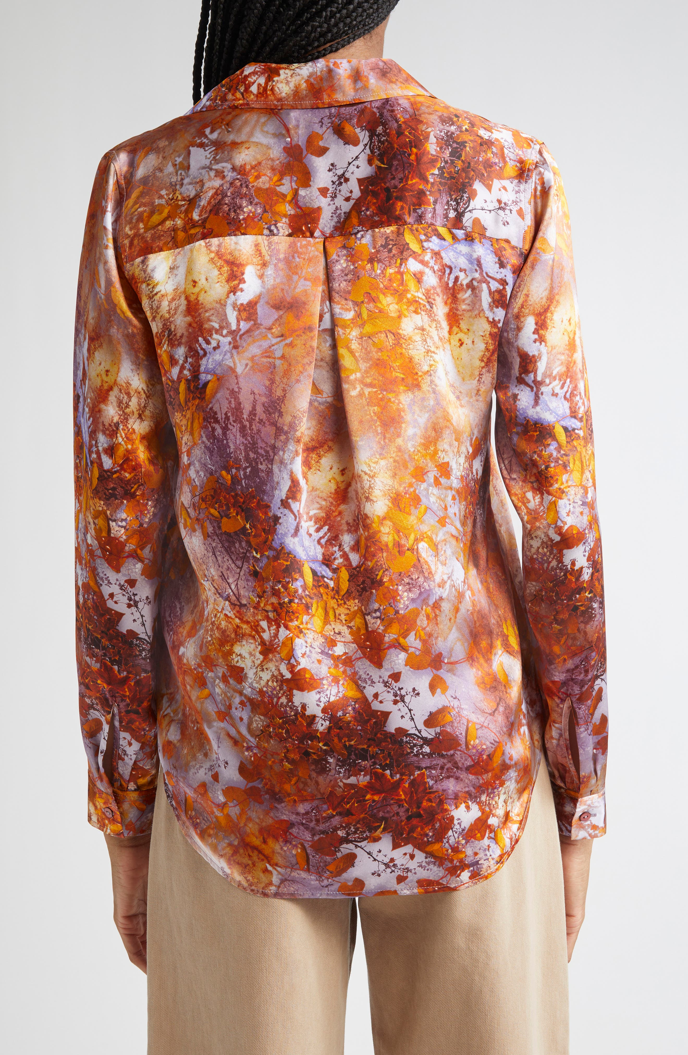 L'AGENCE Tyler Leaf Print Silk Button-Up Shirt in Mauve Multi Autumn Leaves at Nordstrom - 3