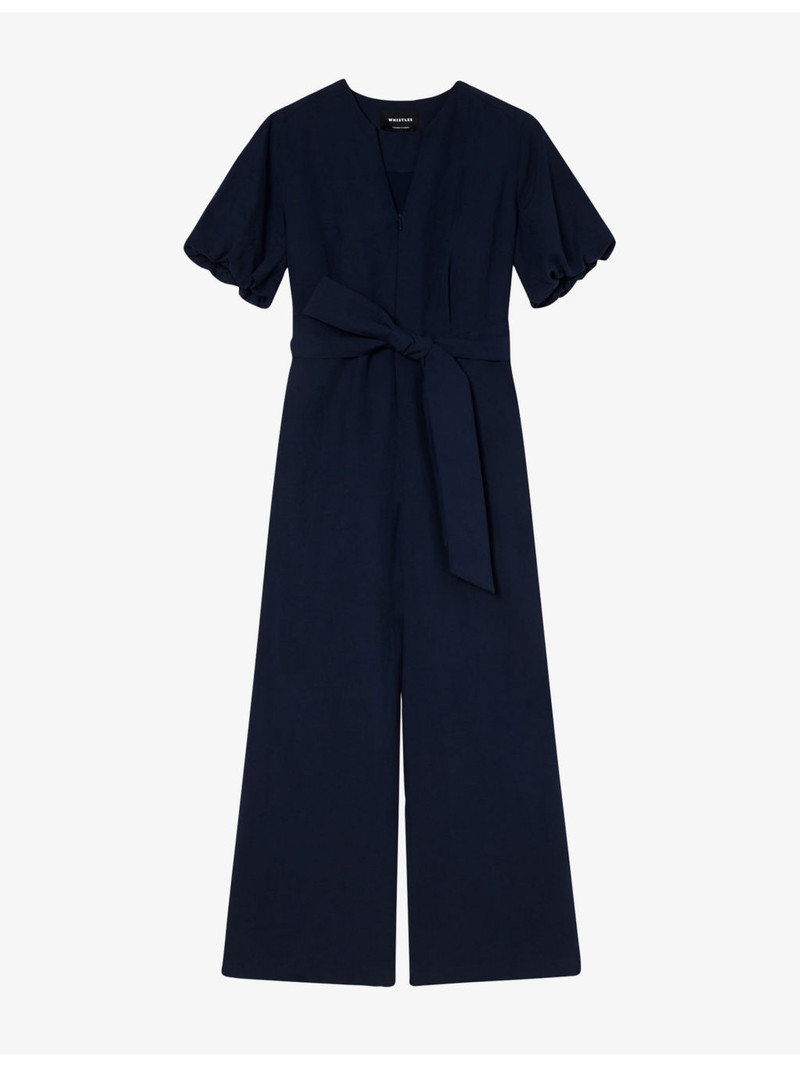V-Neck Tie-Waist Linen-Blend Jumpsuit 1