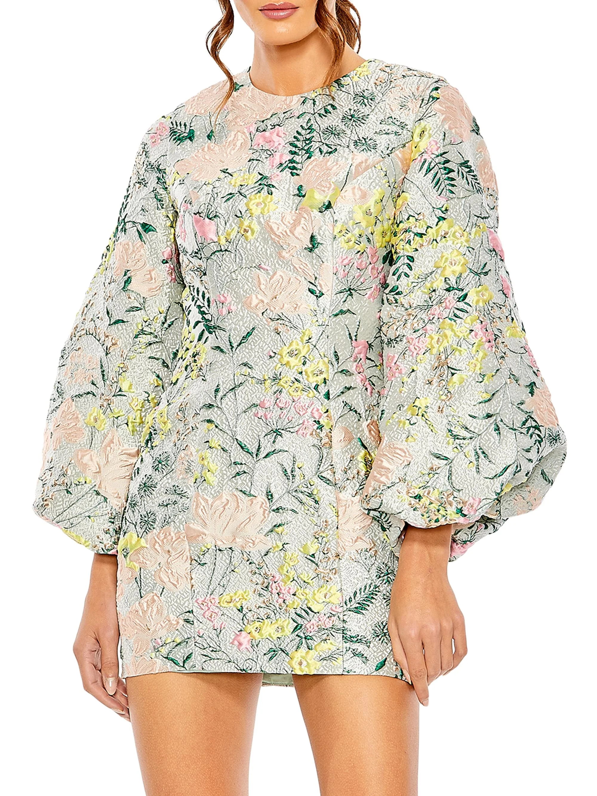 Women's Floral Brocade Puff-Sleeve Minidress - Pastel Multi - 1