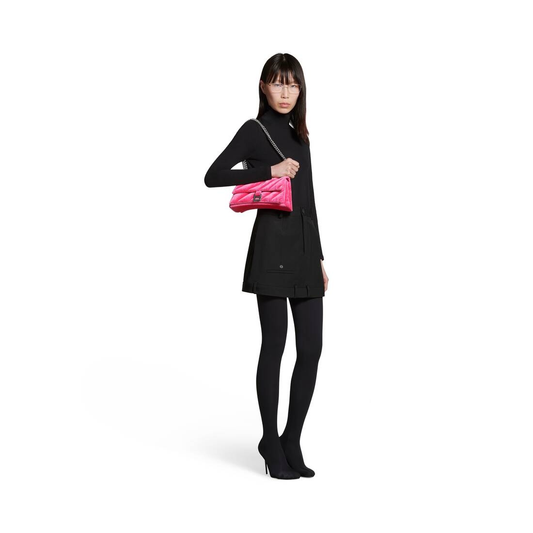Women's Crush Small Chain Bag Quilted Velvet Jersey in Bright Pink - 2