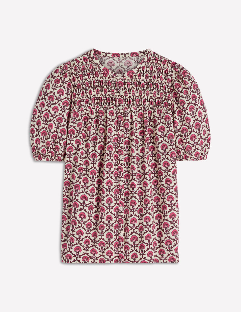 Mya Short Sleeve Smocked Shirt-Strawberry Pink,Flower Lattice 1