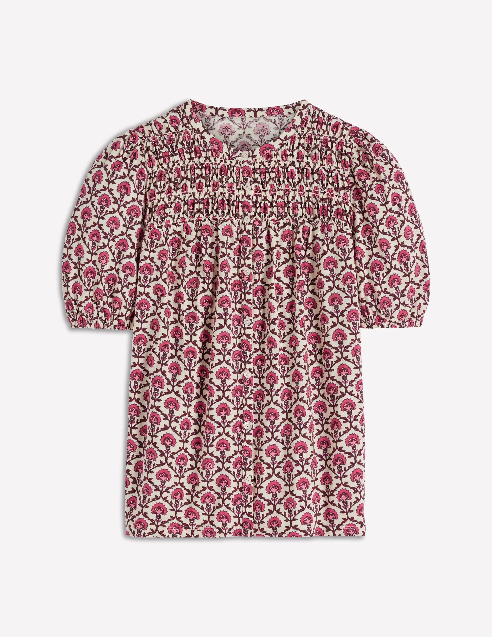Mya Short Sleeve Smocked Shirt-Strawberry Pink,Flower Lattice - 1