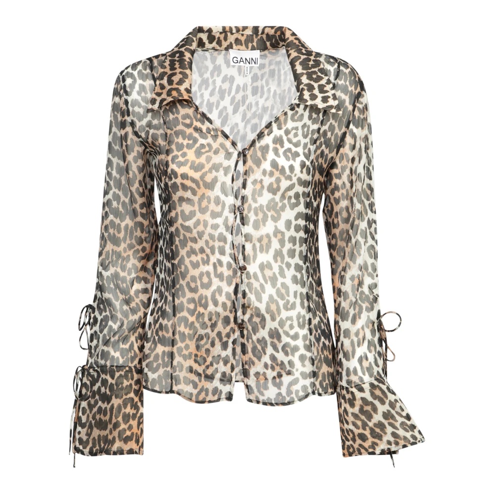 Tシャツ・カットソー Ganni FW25 LEO CHIFFON SHIRT (W05706873 943) Leopard Leopard Print Chiffon Tie String Shirt | GANNI US