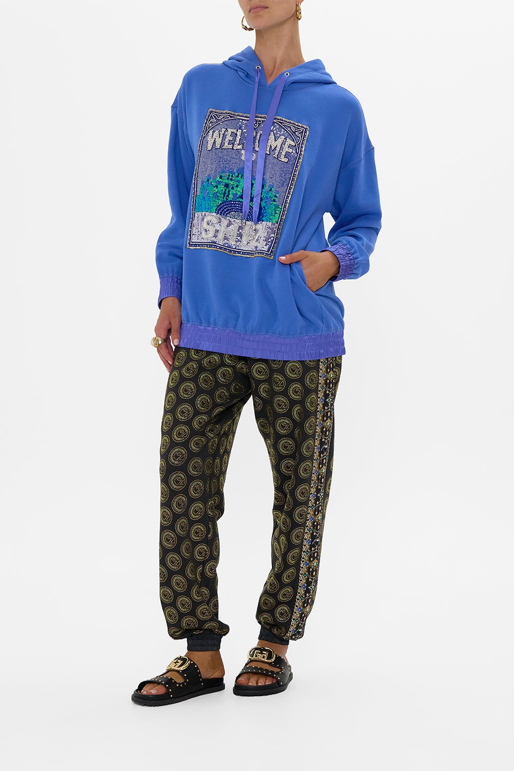 SILK BAND OVERSIZED HOODIE WITH POCKETS- BLUE - 4
