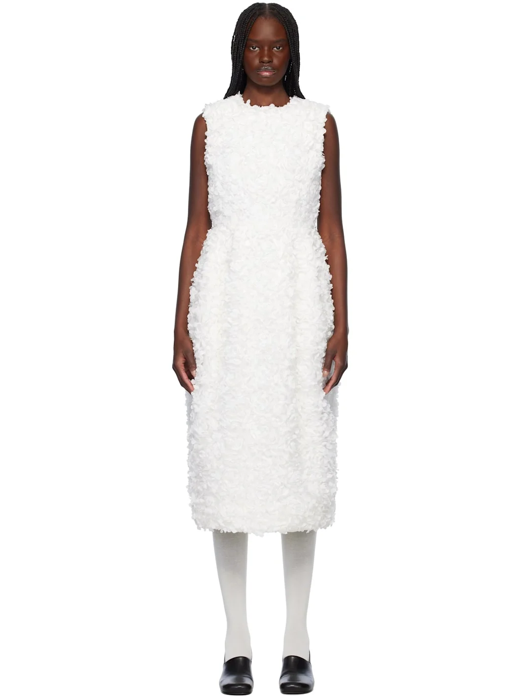White Tulle Flower Tape Embroidery Midi Dress - 1
