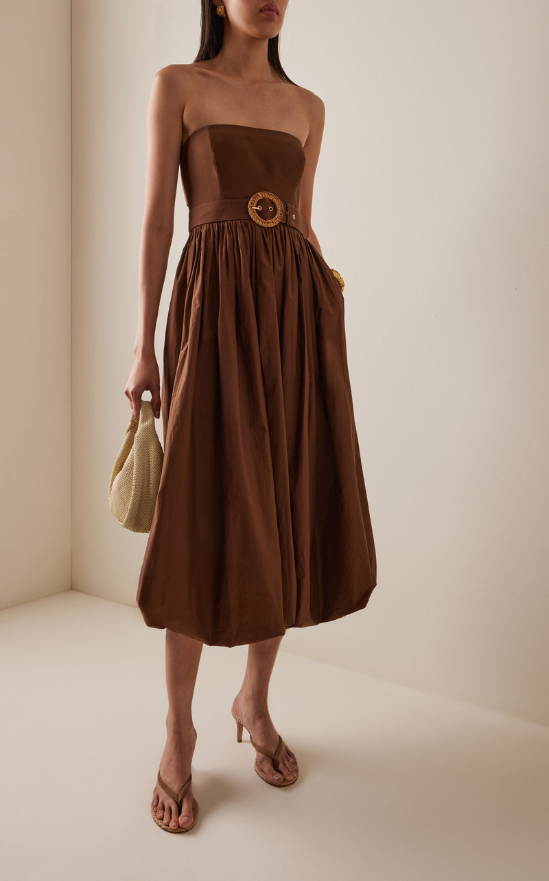 Cara Cara Anisha Belted Strapless Linen Bubble-Hem Midi Dress brown outlook