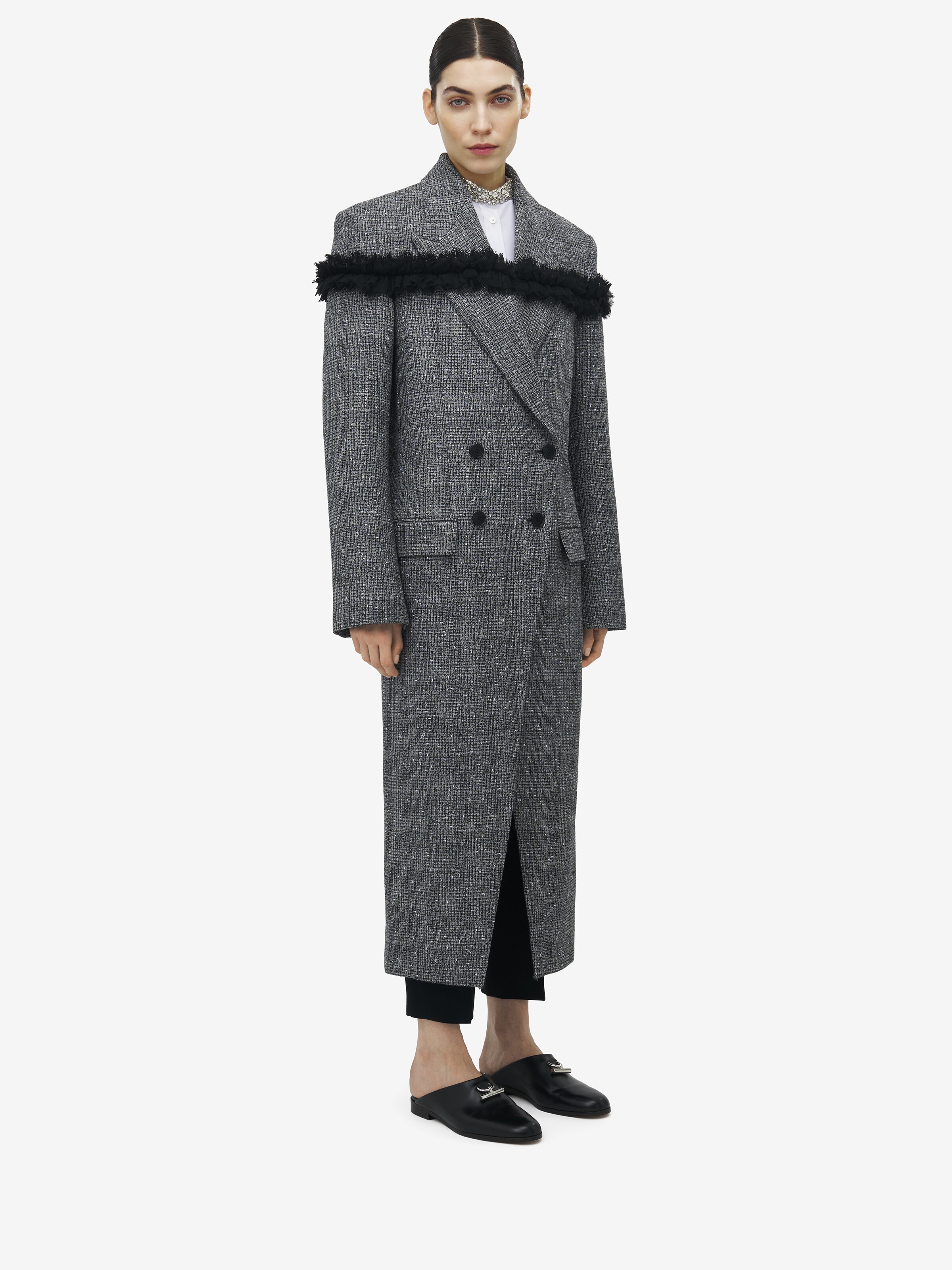 Slashed Creponne Detail Tweed Check Coat - 3