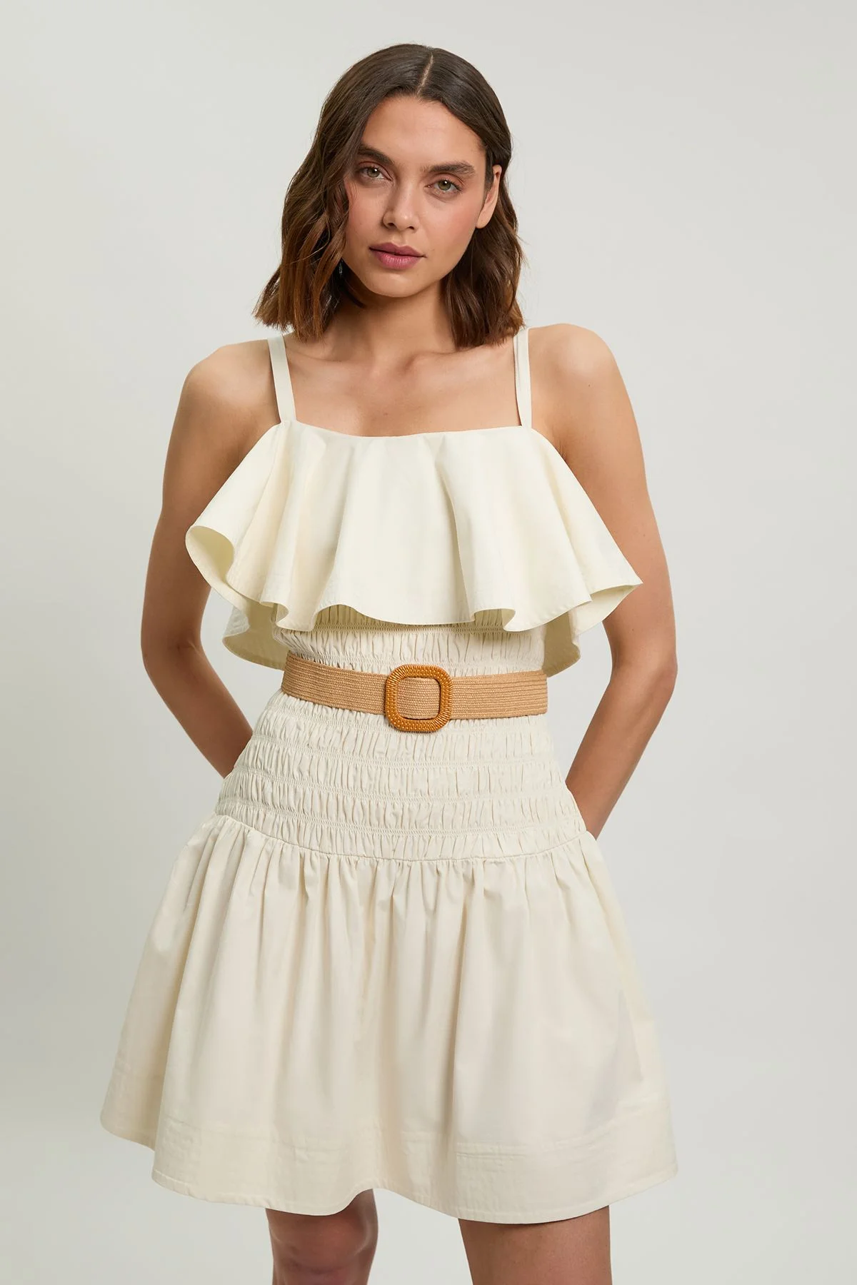 Cotton Poplin Contrast Stitch Belted Mini Dress - 1