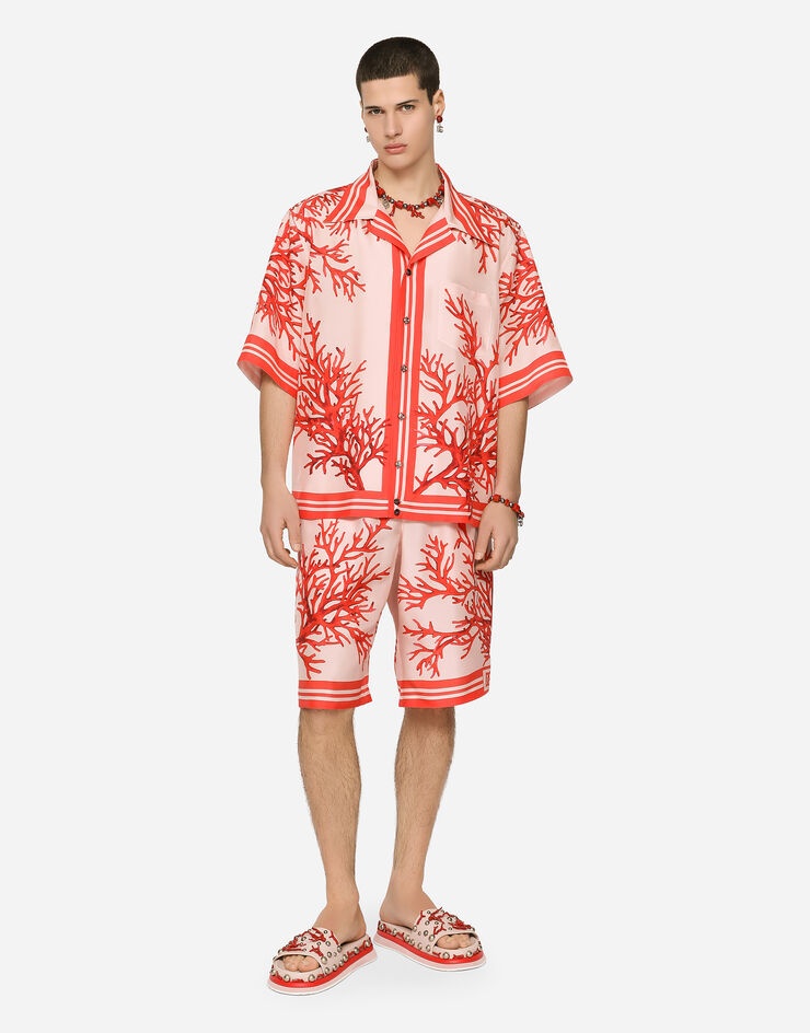 Silk habotai Hawaiian shirt with coral print - 3