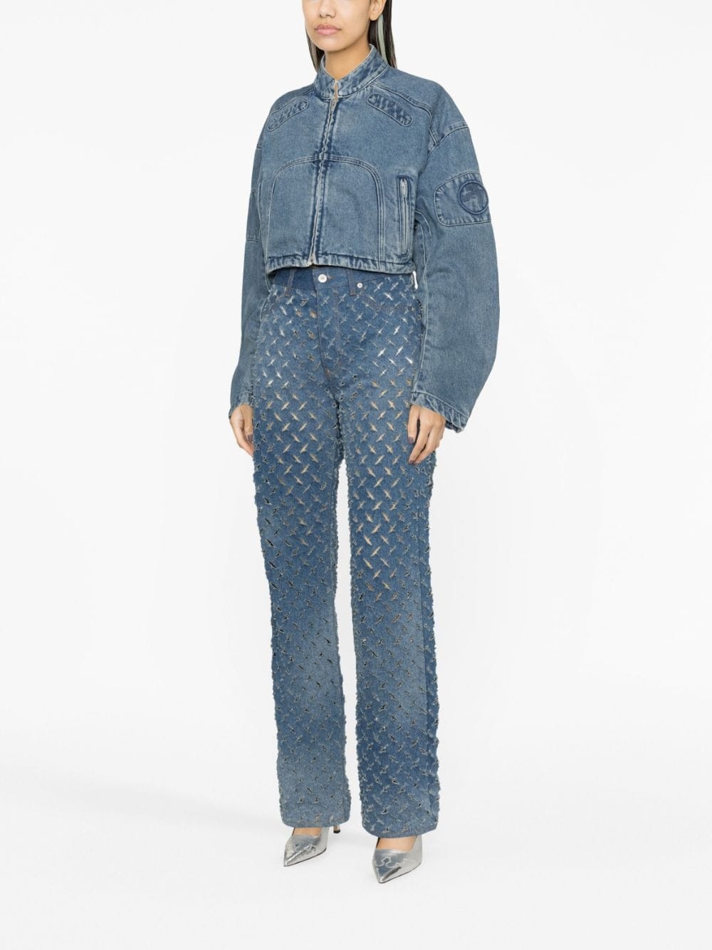 cropped denim biker jacket - 3