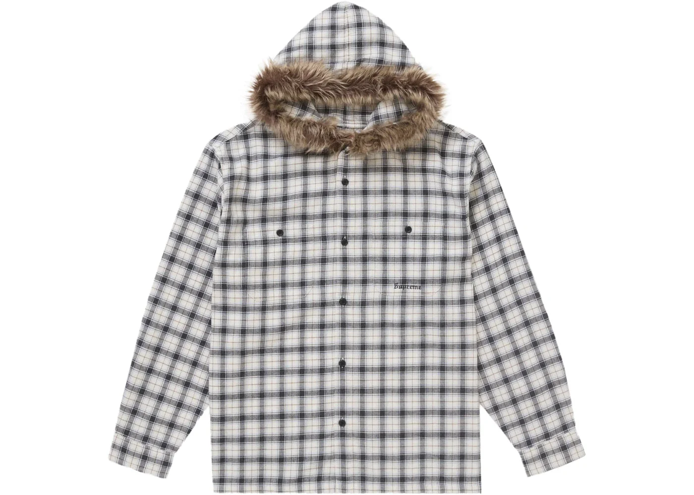 Supreme Fur Trim Flannel Hooded Shirt White Plaid - 1