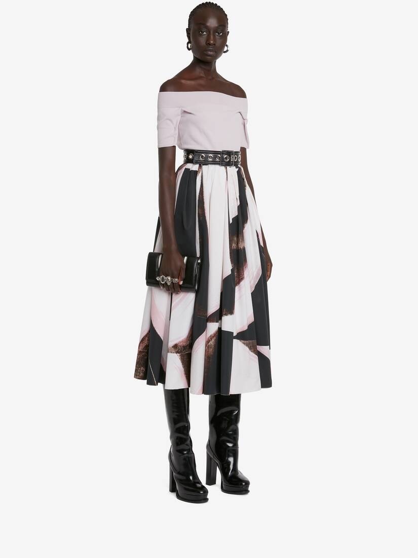 Women's Graphic Brushstroke Gathered Midi Skirt in Black/ivory - 5