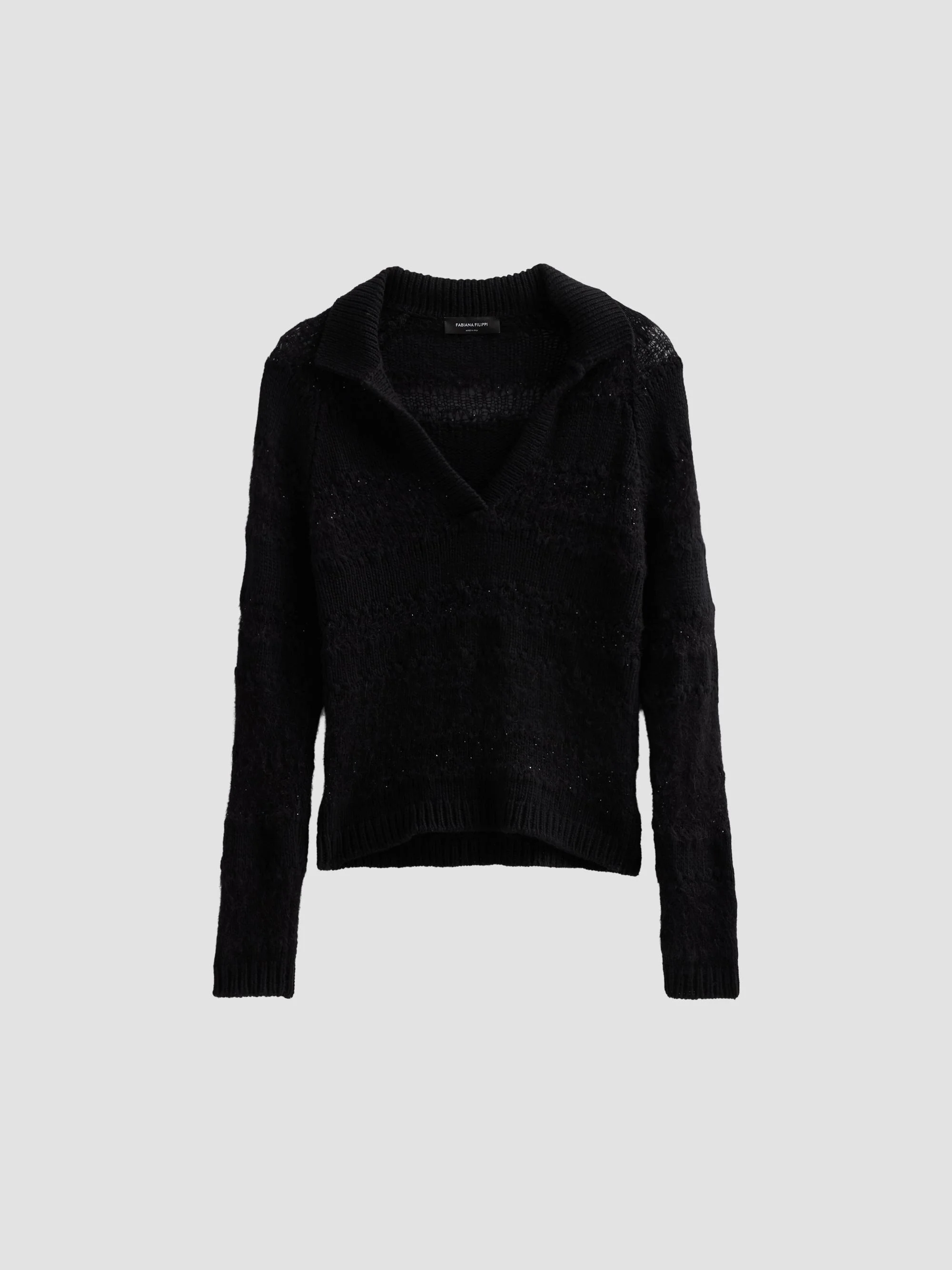 Women's Platinum Johnny Collar Wool-Silk Blend Polo Sweater - Nero - 1