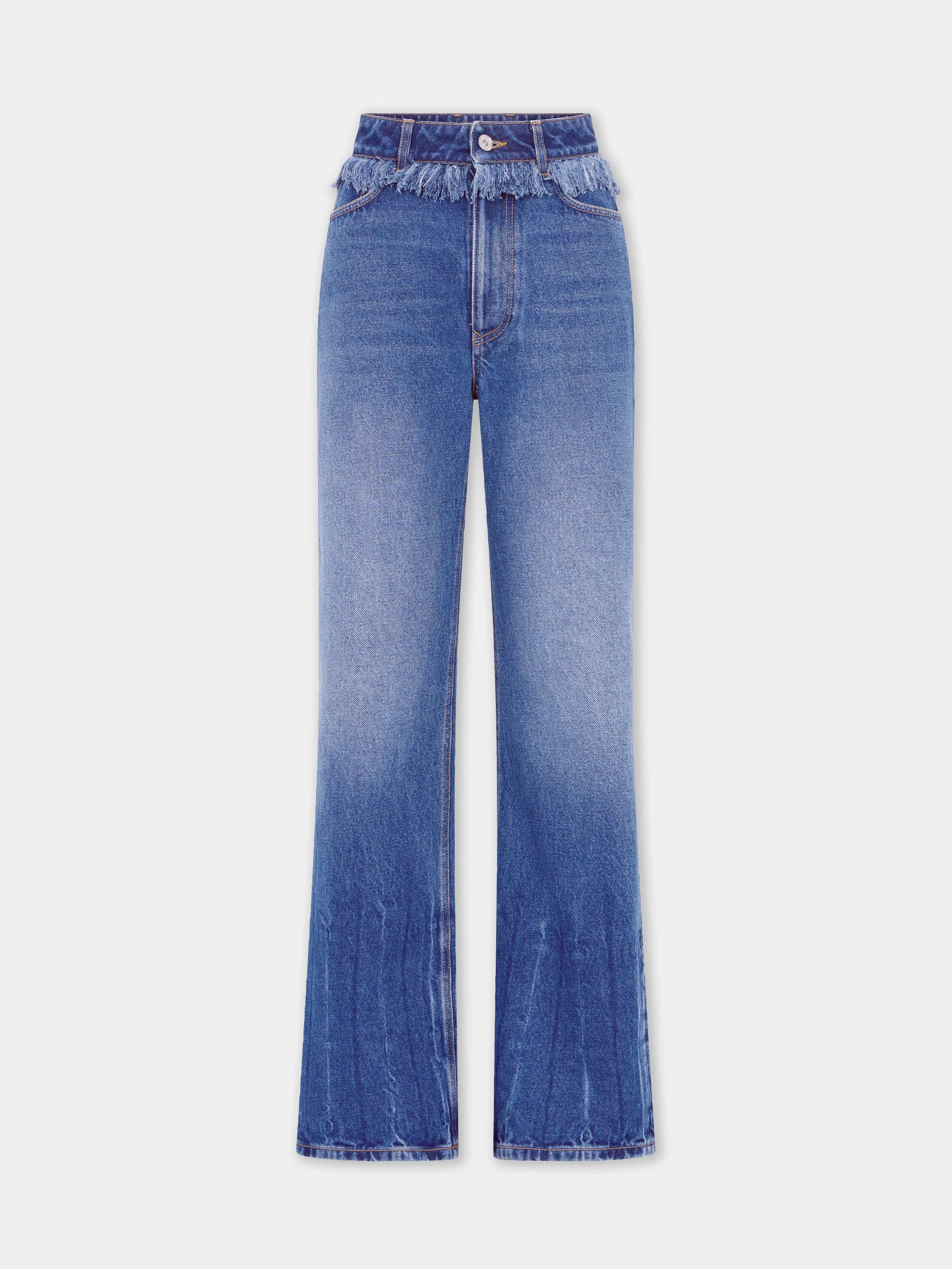 STRAIGHT JEANS IN WASHED DENIM WITH FRINGES - 1