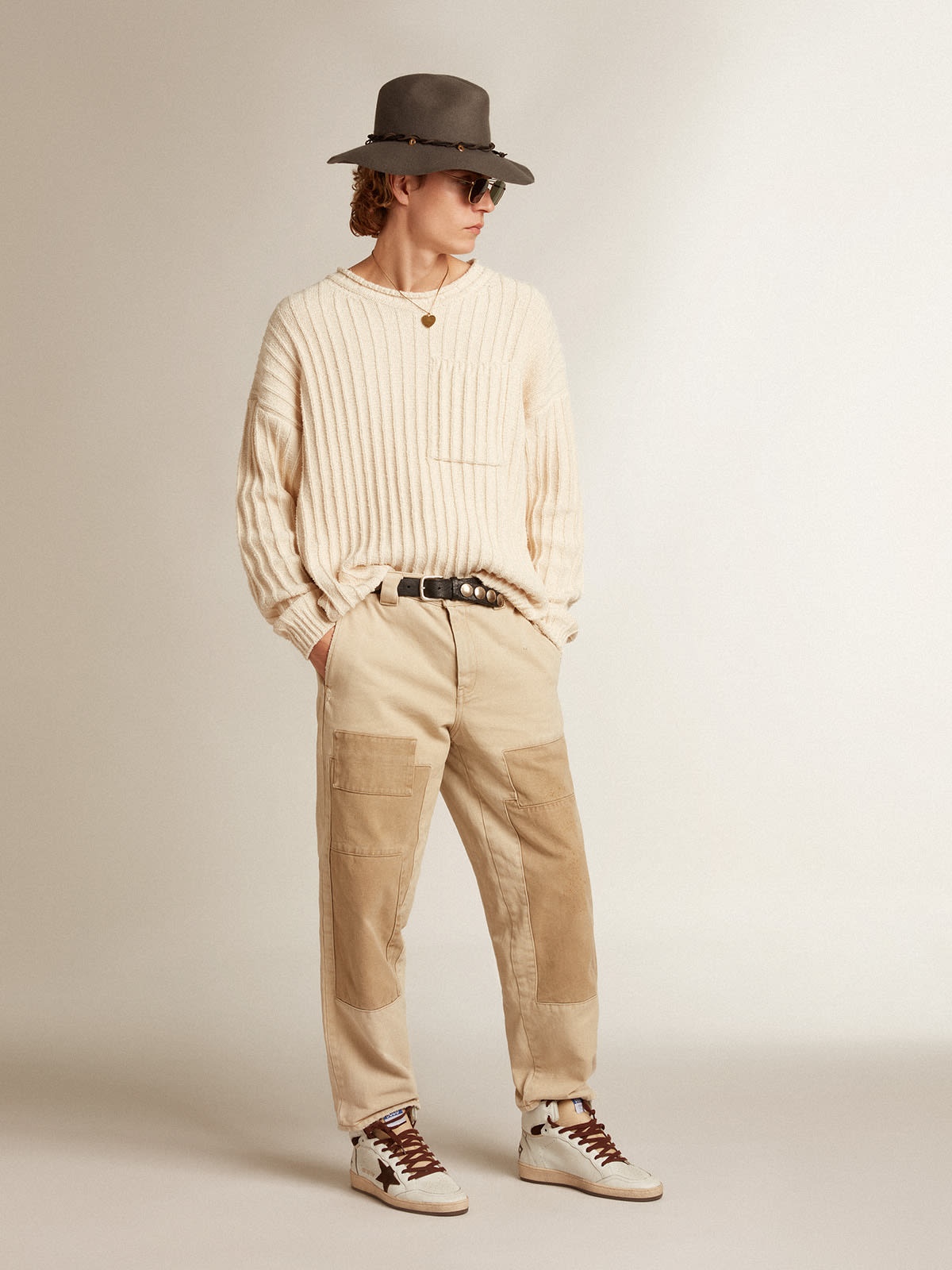 Round-neck sweater in papyrus-colored cotton-blend yarn - 3