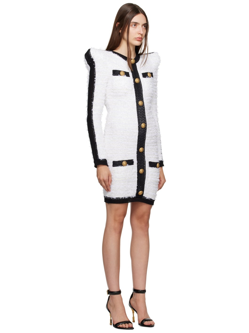 White & Black Pointed Shoulder Minidress - 2