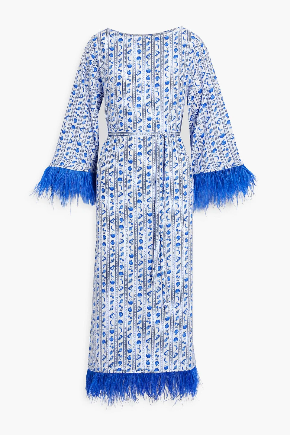 Andrea feather-trimmed printed silk-satin midi dress - 1