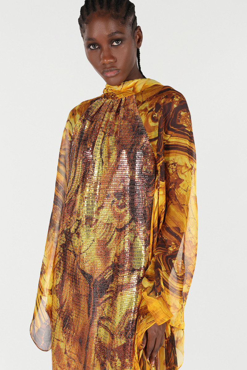 Silk Caftan Dress With Amber Print Sequins 6