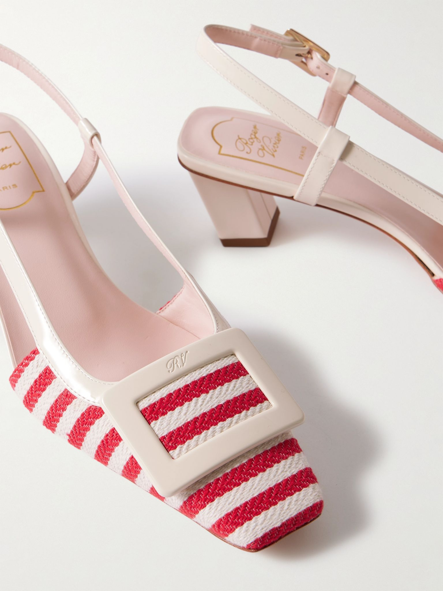 Belle Vivier 45 patent-leather trimmed striped canvas slingback pumps Pink - 4